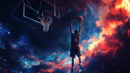 Basketball player soars toward cosmic hoop through nebula sky