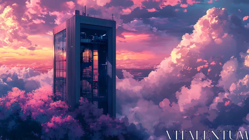 Solitary glass tower emerging above rose-lit cloud seas.