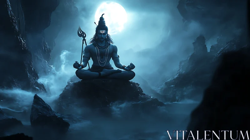 Lord Shiva meditates in a misty moonlit mountain cave.
