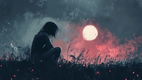 Silhouetted figure on hillside under large moon at dusk.