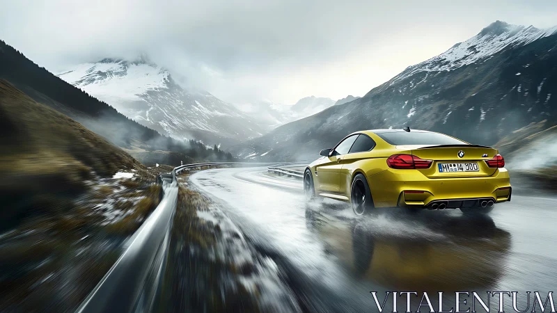 Yellow sports coupe powers along wet alpine mountain pass.