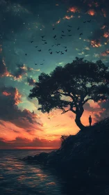 Silhouette figure stands under lone tree above glowing sea