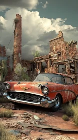 Rusting classic car rests before crumbling desert ruins.