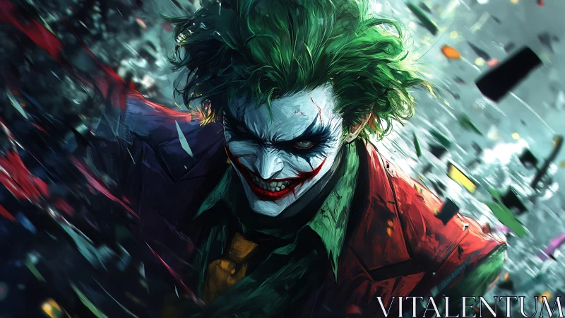 Chaotic clown villain in shattered neon storm portrait.