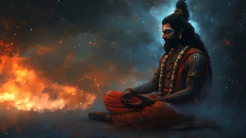 Meditating sage in cosmic space with glowing fire border.