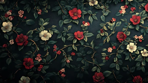 Botanical Floral Composition with Red and Cream Blooms on Dark Textile Surface
