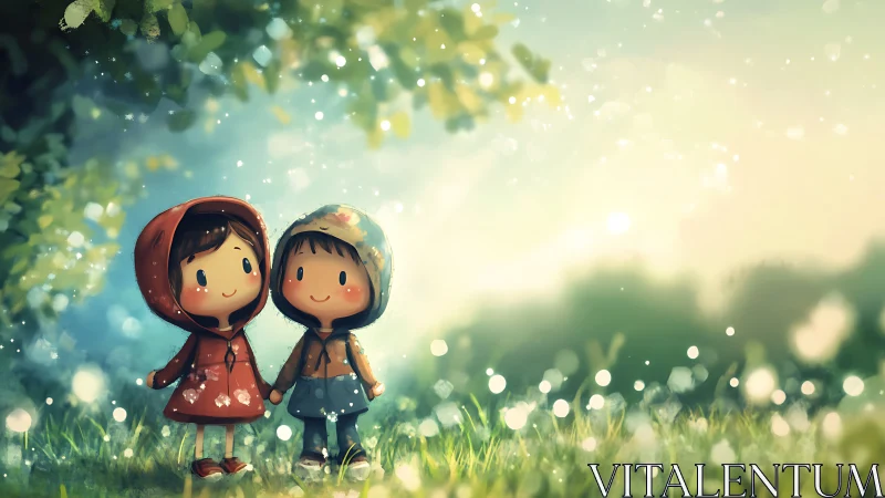 Illustrated characters in hooded garments standing in luminescent bokeh field