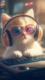 Cool Cat with Headphones and Glasses at Computer Desk