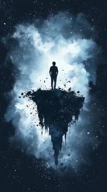 Solitary dreamer atop an inverted island adrift in starlight.