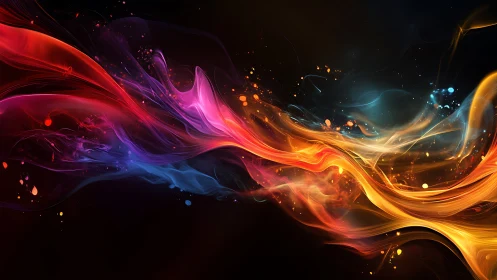 High-energy chromatic fluid streams curve across a dark field