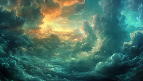 Luminous teal storm clouds with radiant sunset core over sky.