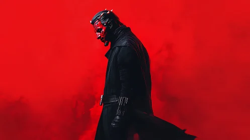 Red masked warrior in profile against dense red haze.