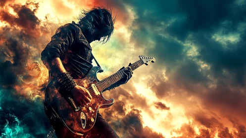 Silhouetted electric guitarist against turbulent sky backdrop.