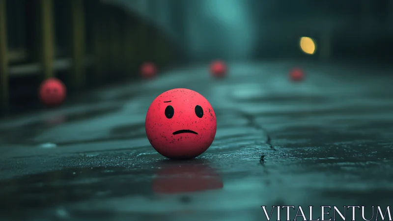 Gentle red emoji ball wondering on a rainy city street.