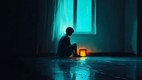 Lonely silhouette cradles a small square sun in neon dusk