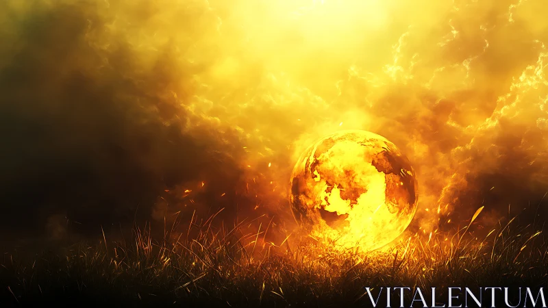 Glowing spherical landmass rendered amid luminous cloud field