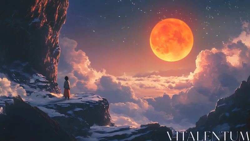 Child on snowy cliff under huge glowing orange moon.