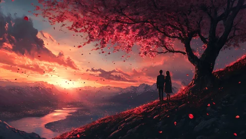 Sunset valley under sakura canopy with silhouetted couple.