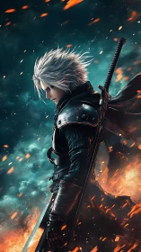Silver-haired swordsman strides through burning embers storm.