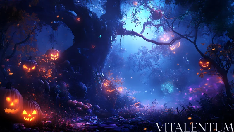 Bioluminescent Halloween forest with carved jack-o-lantern glow