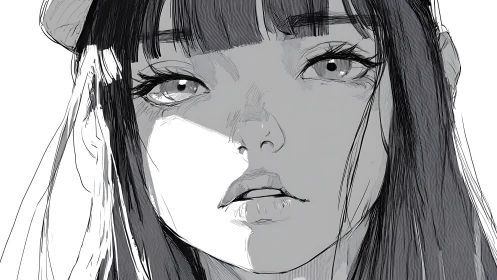 Monochrome close portrait of pensive long haired girl.