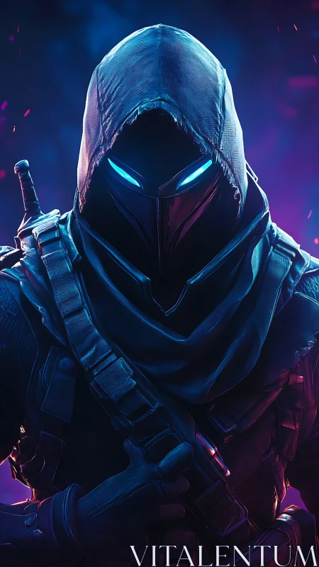 Hooded futuristic soldier grips weapon in neon lighting