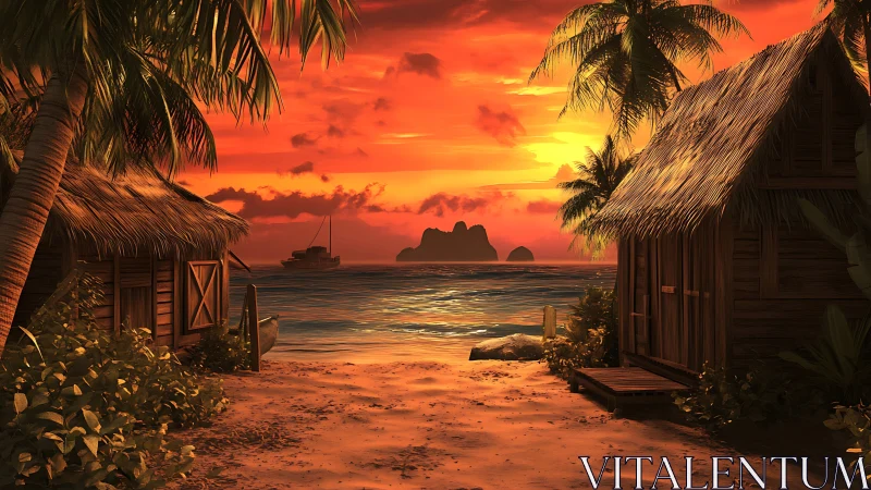 Tropical Bungalow Sunset with Dramatic Atmospheric Rendering and Volumetric Sky