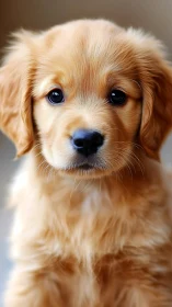 Golden retriever puppy portrait in soft bokeh lighting.