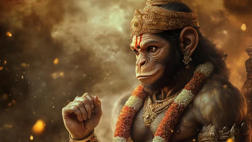 Divine simian warrior rests in swirling embers of devotion