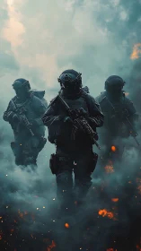 Midnight fireteam strides through smoke and cinderstorm.