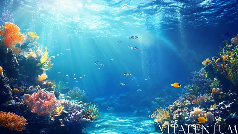 Sunlit coral reef glows beneath crystal blue waves.