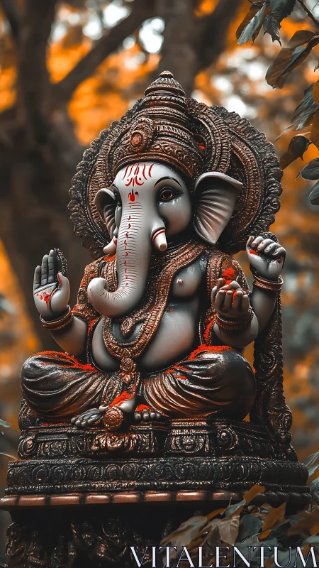 Ganesh idol sits in ornate bronze shrine amid warm bokeh