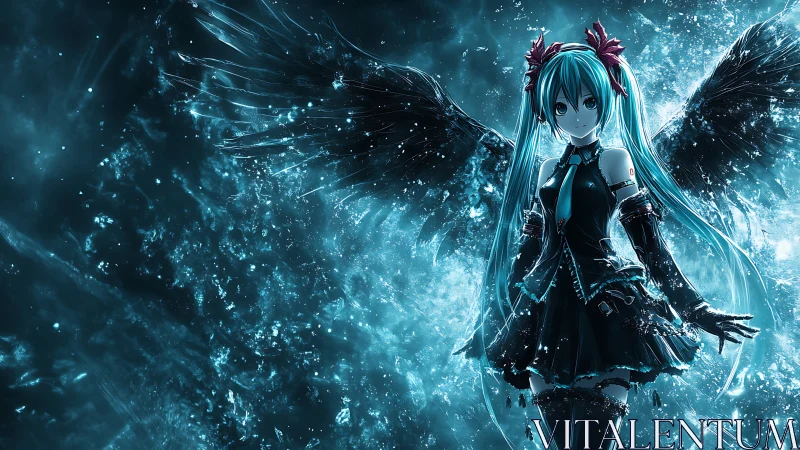 Celestial teal-winged cyber idol amid crystalline turbulence.