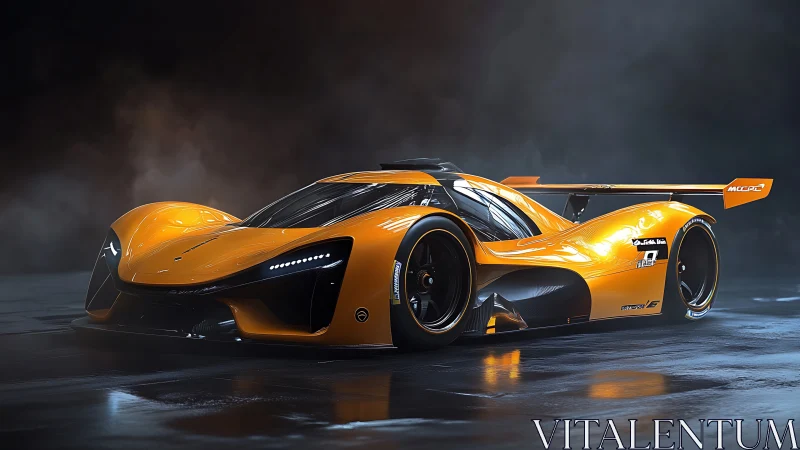 Orange low-profile concept race car on reflective surface.