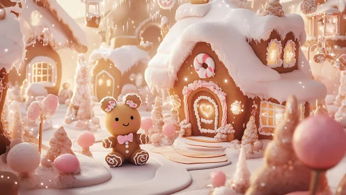 Sugar-dusted gingerbread village and smiling cookie guide.