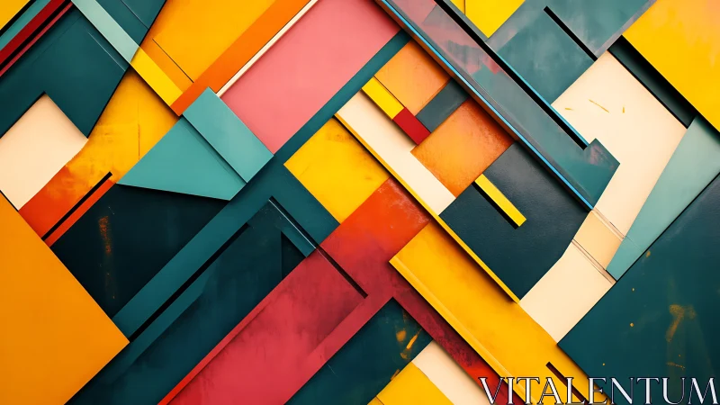Geometric color planes intersect in layered abstract composition.