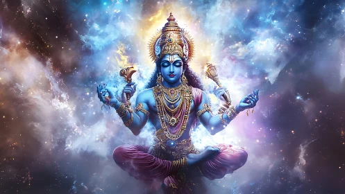 Digital painting of celestial blue deity in cosmic mandala space.