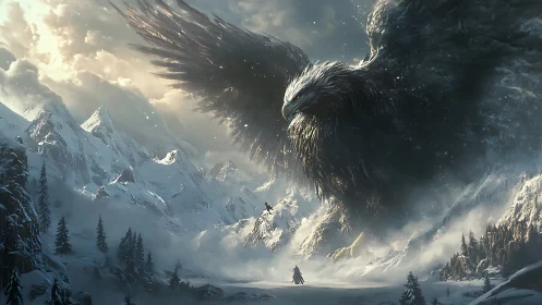 Giant eagle dominates frozen mountain valley scene.