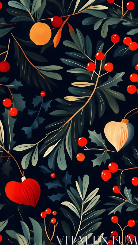 Dark background botanical pattern shows stylized leaves and berries