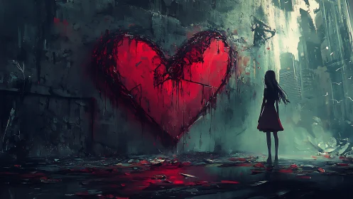 Girl in red meets a broken neon heart on ruined walls.