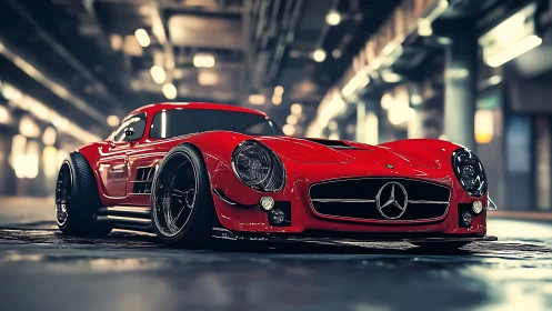 Red street-rocket classic growls low in a neon tunnel