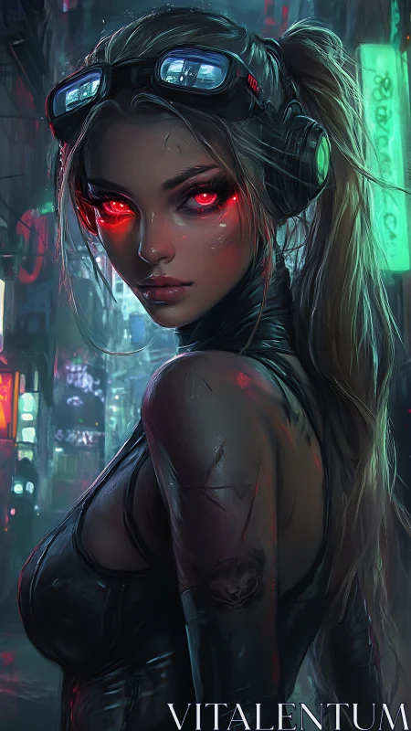 Cyberpunk huntress with glowing red eyes patrols neon alley