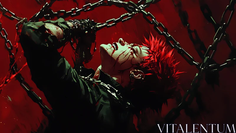 Fiery haired fighter straining against swirling iron chains.