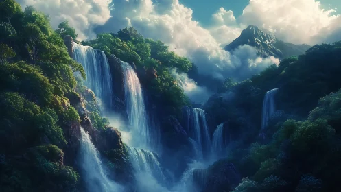 Digital landscape depicts tiered waterfalls in dense forest valley