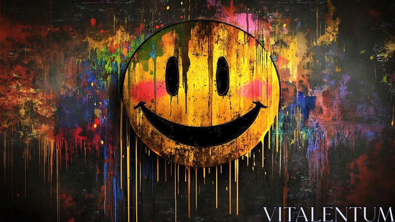 Grunge smiley face over vivid dripping graffiti field.