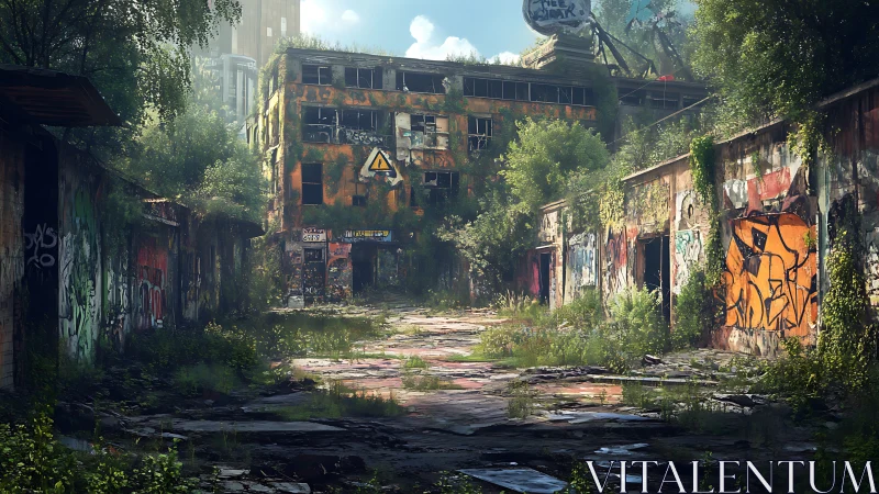 Sunlit urban ruins softened by wild greenery and color.