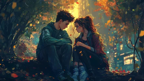 Urban Romance Amid Autumn Fire: Intimate Moment in Cityscape.