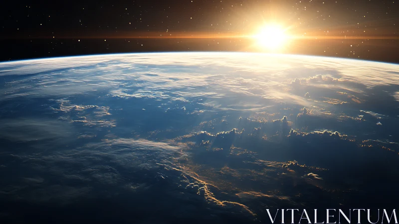 Orbital sunrise over Earth with atmospheric rim lighting.