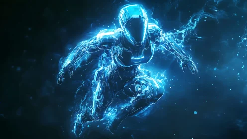 Humanoid energy construct in dynamic crouched motion pose.