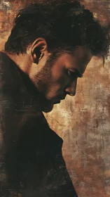 Moody side profile portrait of man against worn texture.